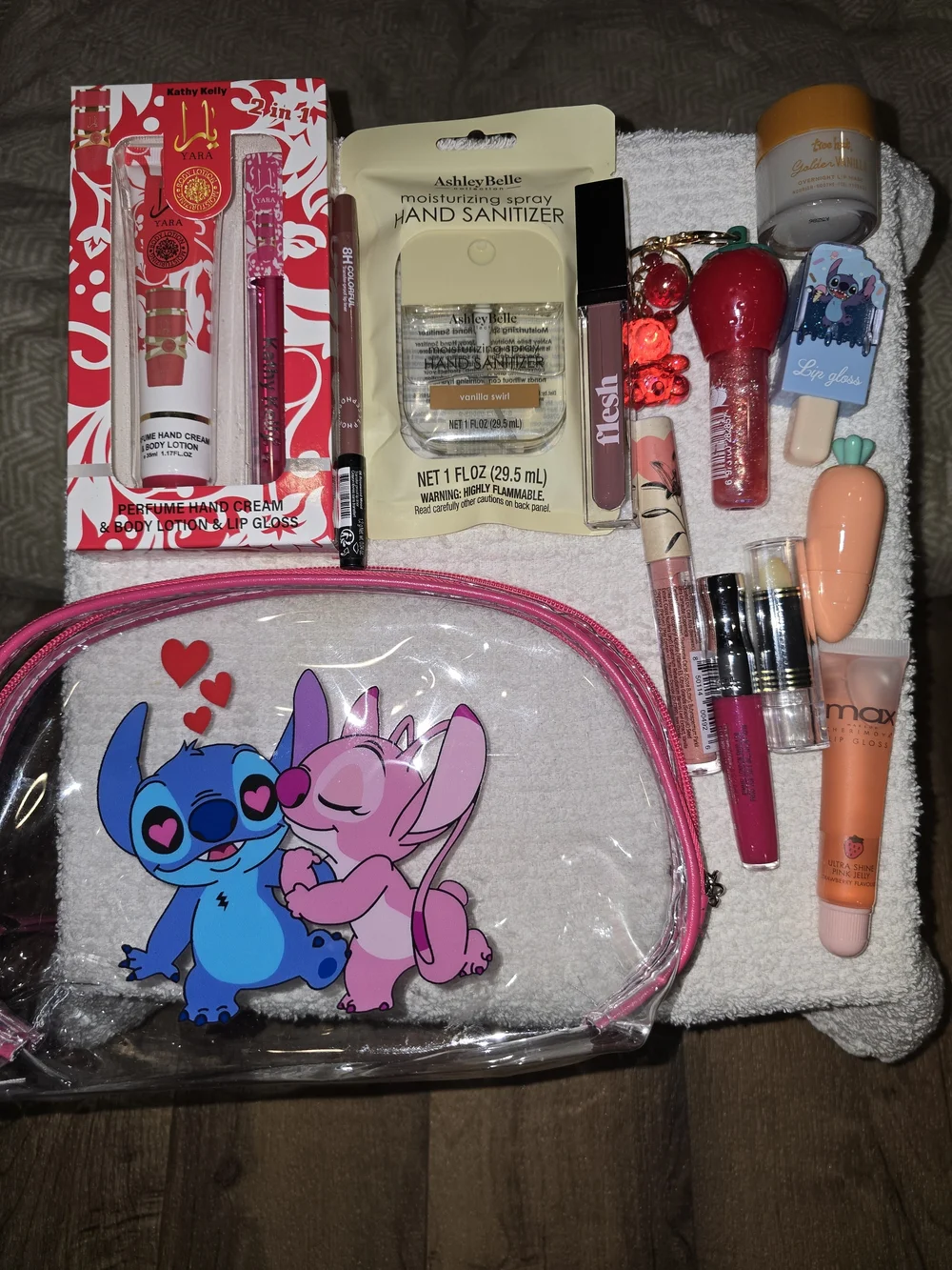 Stitch & Angel Clear Pink Cosmetic Bag With Lip And Hand Sanitizer Items